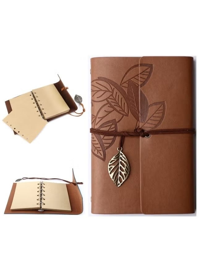 Vintage Leather Notebook, Retro Writing Journal Diary Pu Leather Cover, Leaf Pattern Spiral Blank String Daily Notepad, Art Sketchbook, Retro Pendants, Classic Embossed, Loose Leaf (Brown) - Image 1